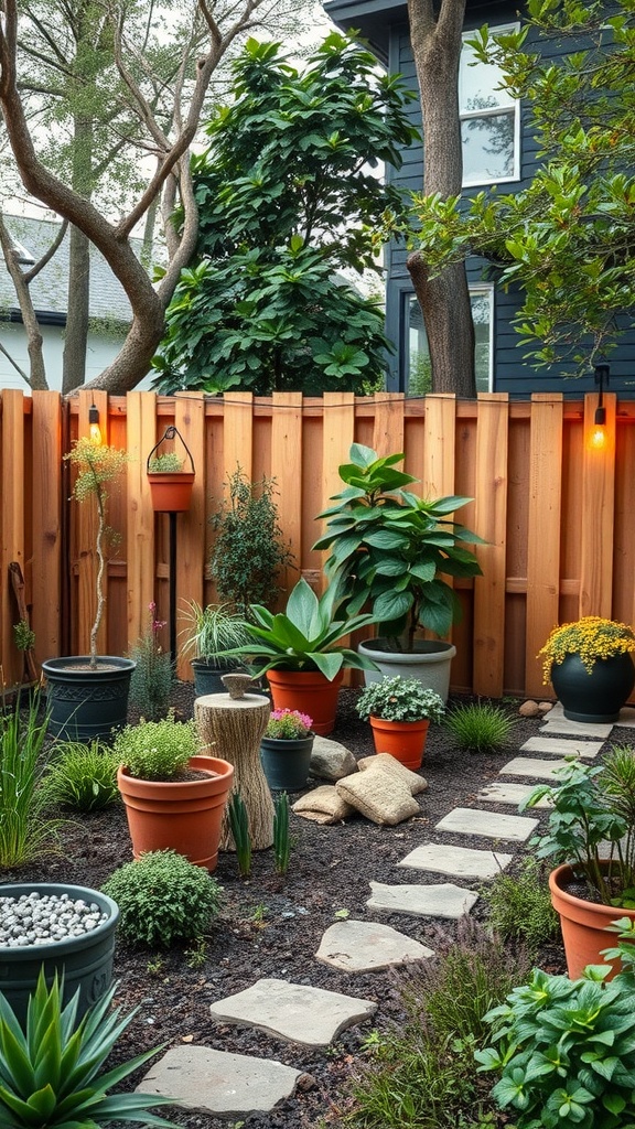 A sustainable backyard layout featuring a variety of potted plants, stone pathways, and warm lighting.