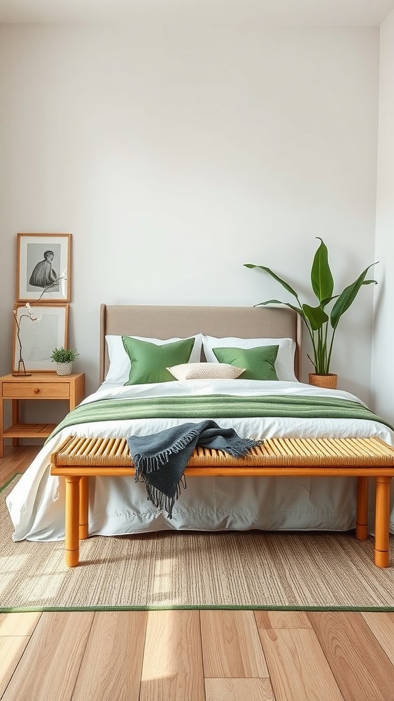A bamboo bench at the end of a bed, with green cushions and decor.