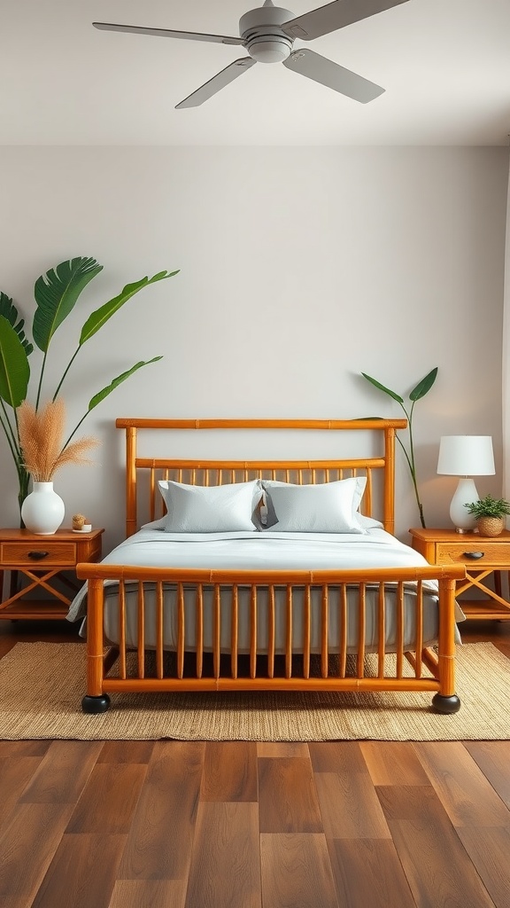A bright tropical bedroom featuring a bamboo bed, nightstands, and large green plants.