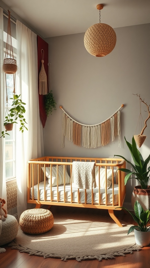 A cozy boho nursery featuring a wooden crib, plants, and natural decor.