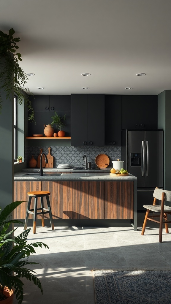 A modern kitchen with dark cabinets, wooden accents, and plants, highlighting sustainable choices