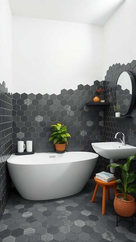 A modern bathroom featuring black hexagon tile flooring, a white freestanding bathtub, and green plants.