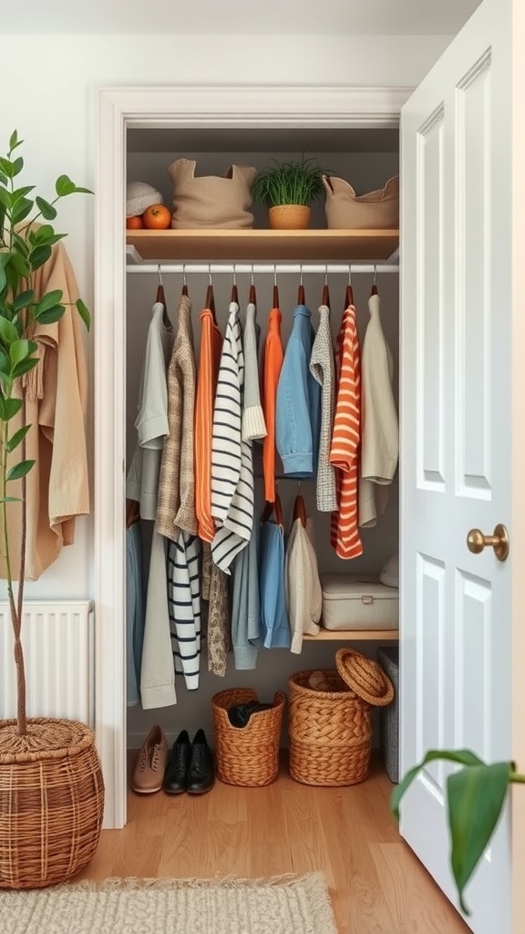 A neatly organized kids' closet with colorful clothing, woven baskets, and a plant.
