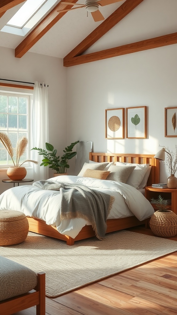 A cozy bedroom featuring wooden furniture, soft textiles, and decorative plants.