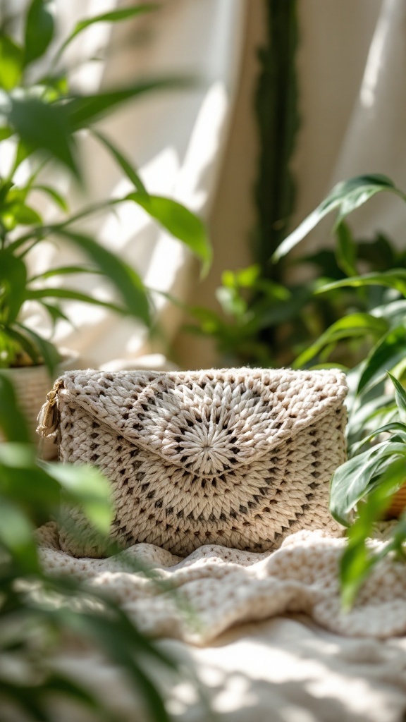 A beautiful crochet clutch resting on a fabric surface surrounded by green plants
