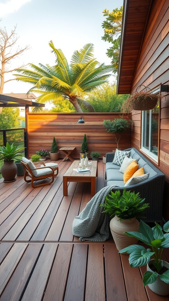 A cozy backyard deck with seating and potted plants, showcasing sustainable design.