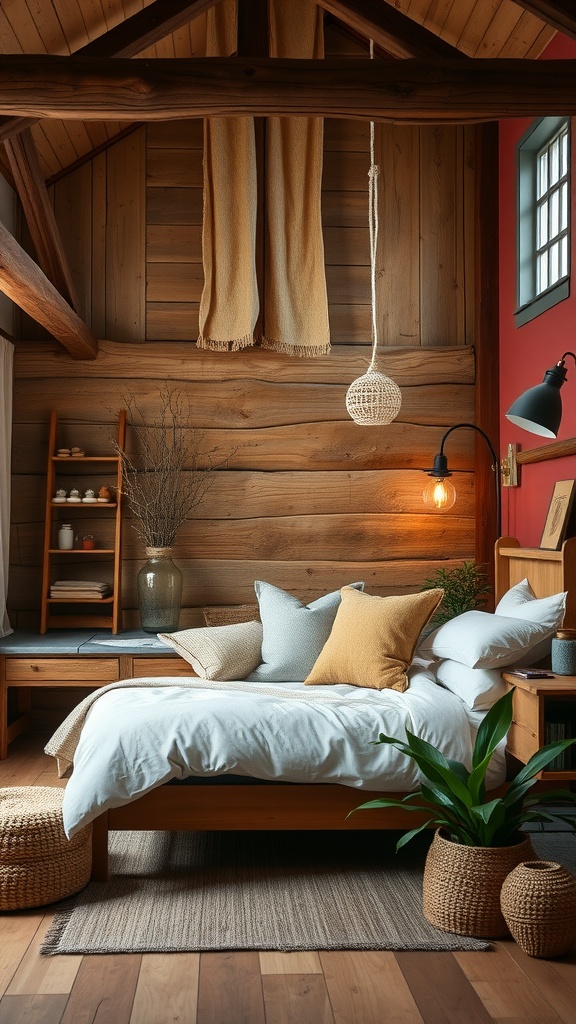 A rustic bedroom featuring natural wood walls, cozy bedding, plants, and woven decor.