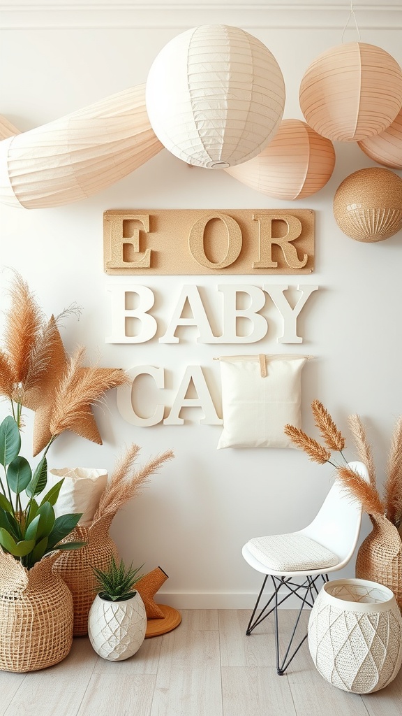 A neutral boy baby shower decor featuring paper lanterns, woven baskets, plants, and soft pillows.