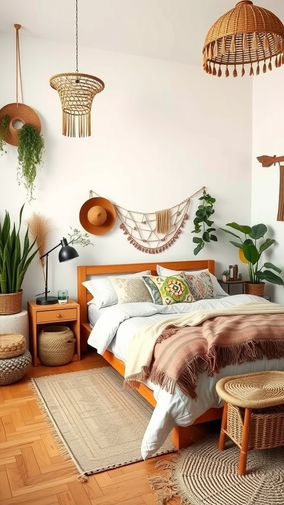 A cozy boho green bedroom featuring wooden furniture, woven decor, and houseplants.