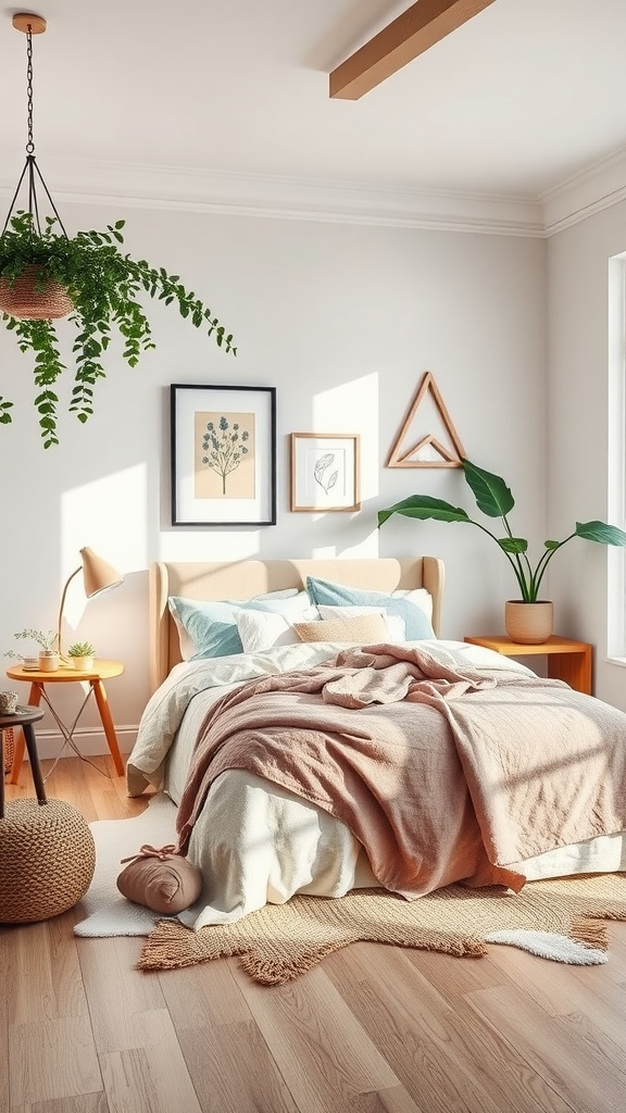 Cozy and chic mom bedroom with sustainable decor featuring plants, natural materials, and soft colors.
