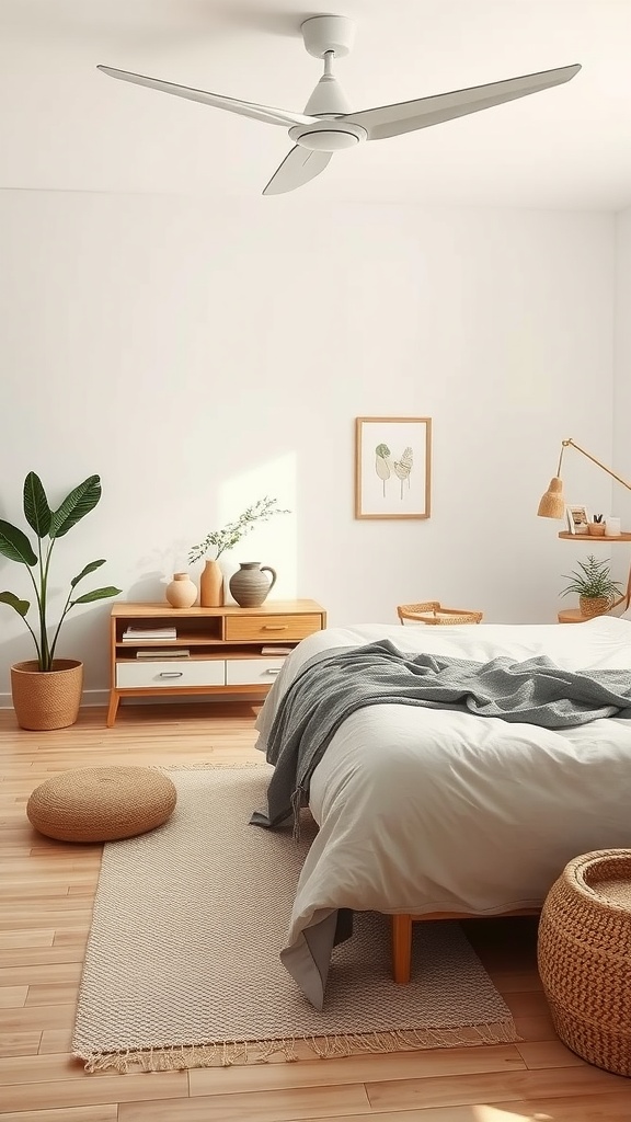 A neutral aesthetic bedroom featuring plants, wooden furniture, and natural materials.