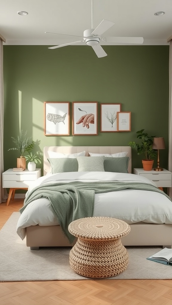 A cozy bedroom with green walls, natural decor, and plants, showcasing sustainable design.