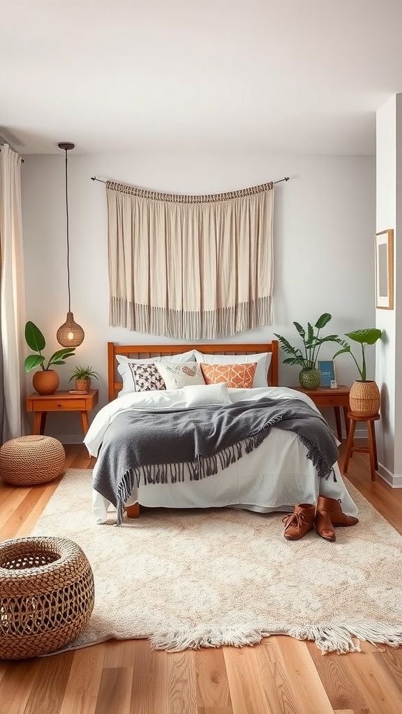 A cozy boho bedroom featuring a wooden bed, woven textures, and plants, showcasing sustainable decor choices.
