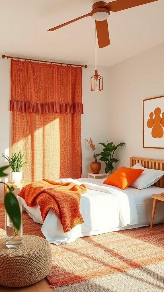 A bright, sustainable bedroom featuring burnt orange decor, natural fabrics, and houseplants.