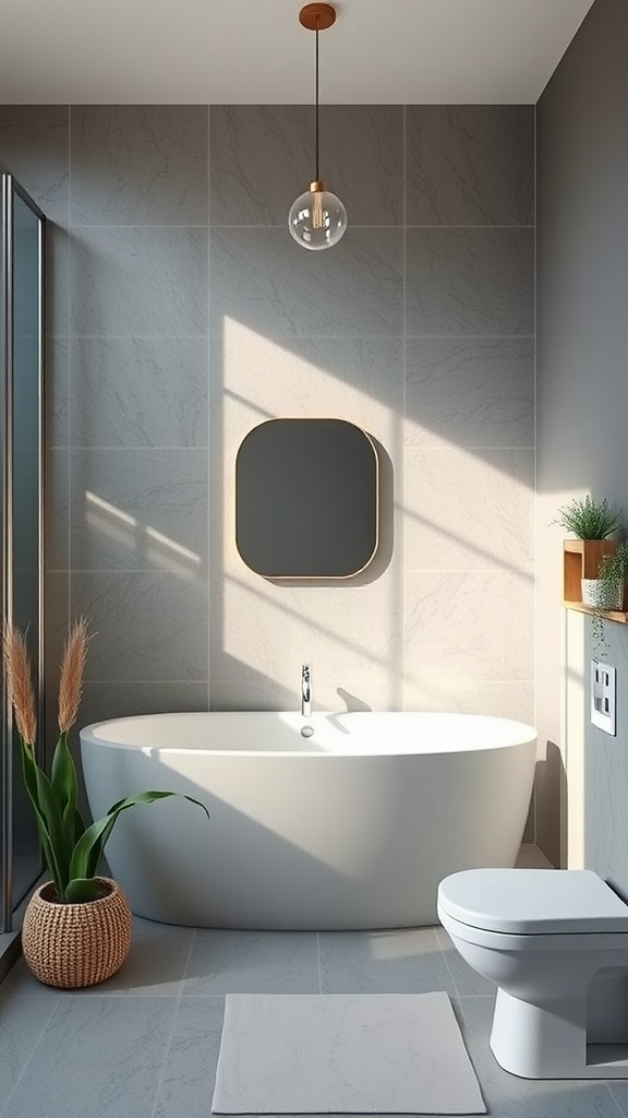 Modern bathroom with a sleek white bathtub, potted plants, and natural light