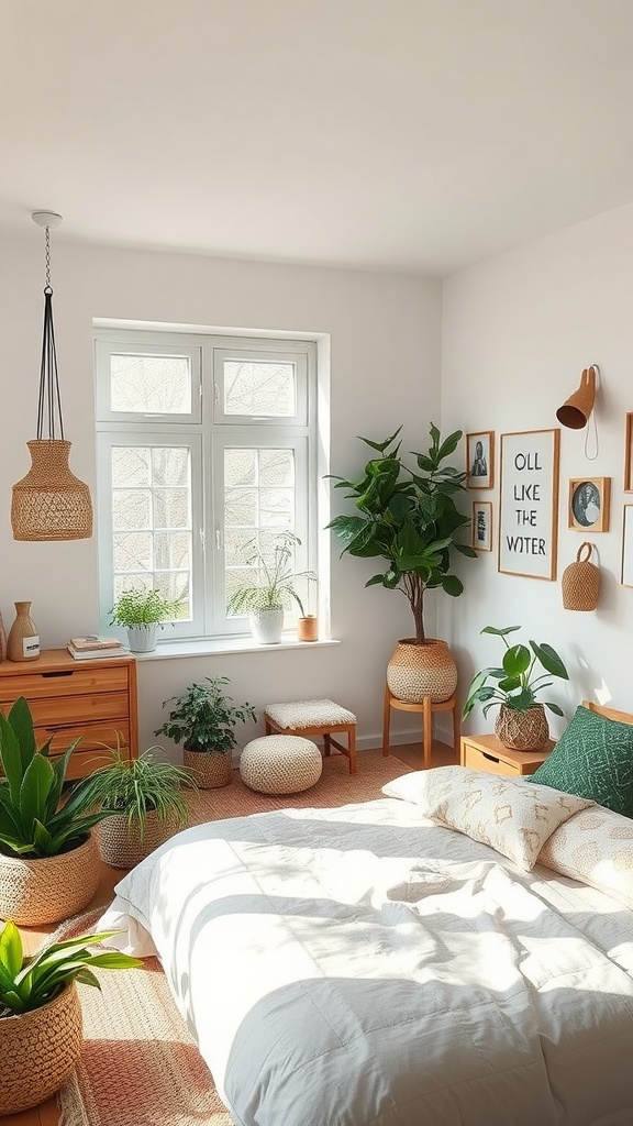 A cozy and eco-friendly teen girl's bedroom featuring plants, wooden furniture, and natural light.