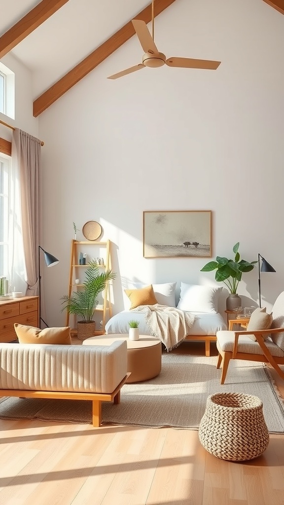 A bright and airy living room featuring wooden furniture, soft cushions, and plants, showcasing sustainable design.