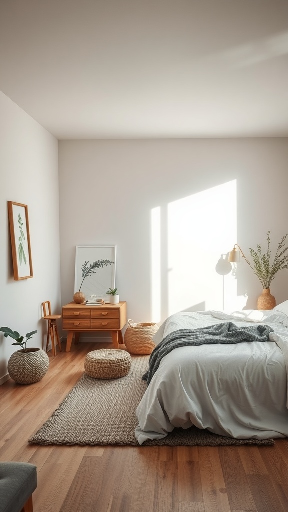 A serene greige bedroom featuring natural materials, wooden flooring, and cozy decor.