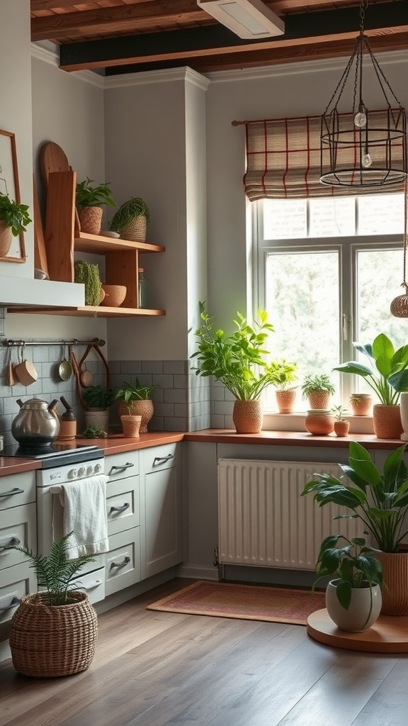 A cozy boho kitchen featuring plants, wooden shelves, and warm tones.