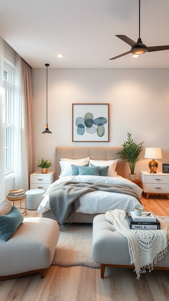 A cozy living room with natural light, featuring stylish pendant lights and a warm color palette.
