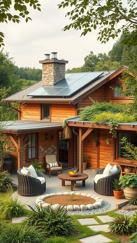 A cozy family compound with solar panels, a beautiful outdoor seating area, and lush landscaping.