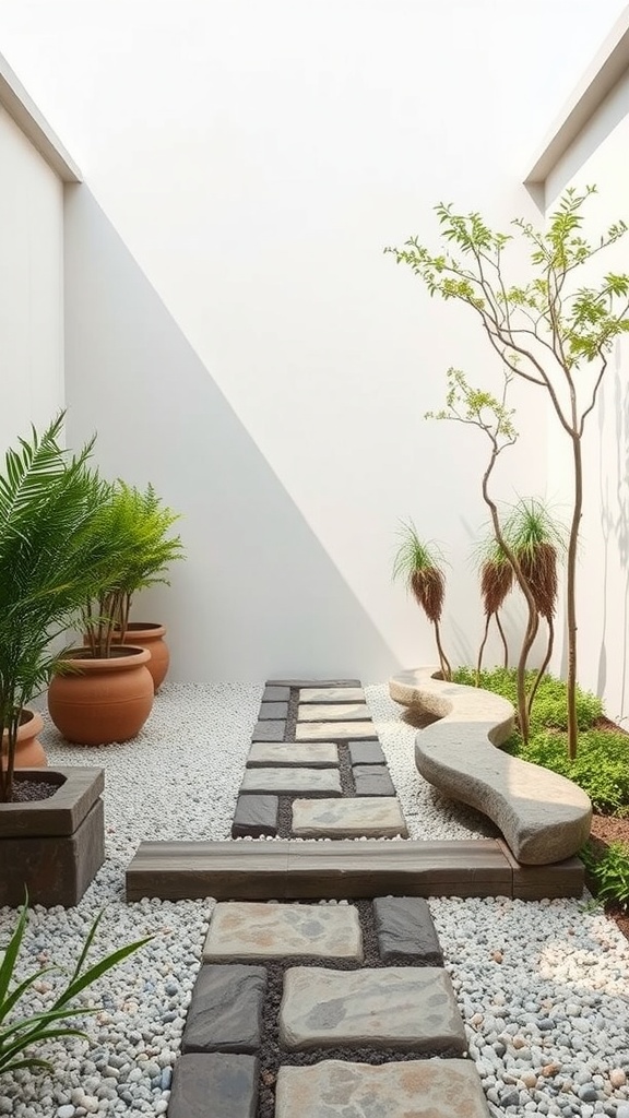 A minimalist small courtyard garden featuring stone pathways, clay pots, and gravel ground cover.