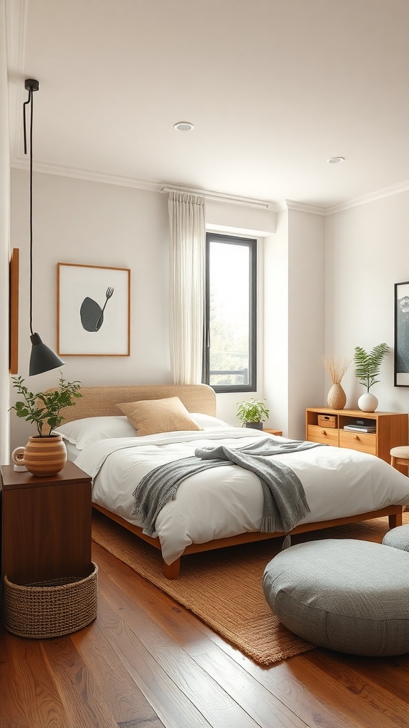 A serene Japandi bedroom featuring wooden furniture, soft textiles, and plants, emphasizing sustainable design.