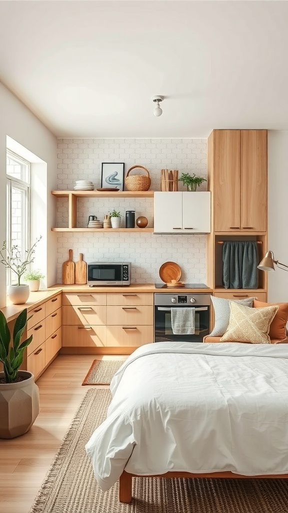 A modern Japandi kitchen featuring light wood cabinetry, natural textiles, and indoor plants.