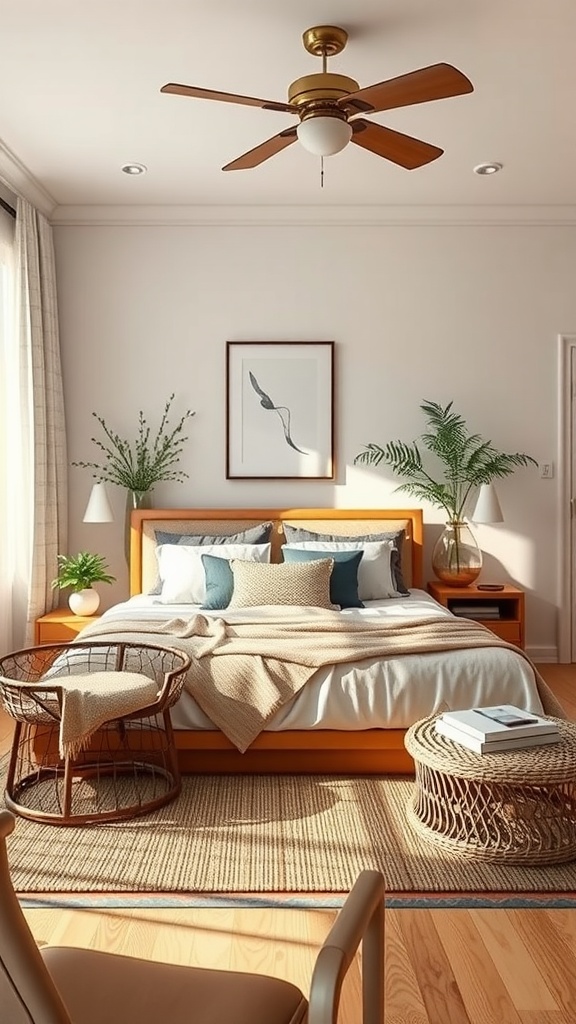 A cozy bedroom featuring natural materials, wooden furniture, plants, and soft textiles.