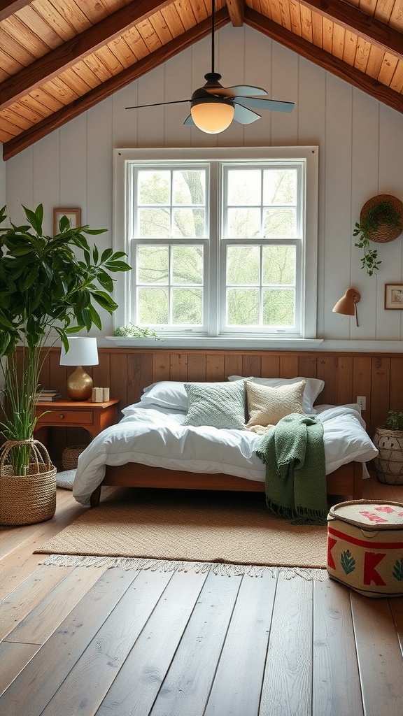 Cozy farmhouse bedroom with natural materials and eco-friendly decor.