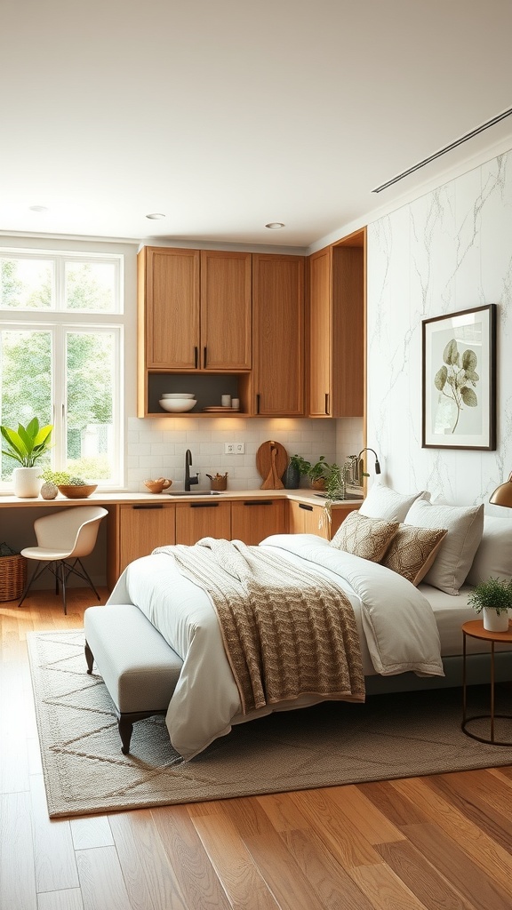 A modern luxury kitchen featuring warm wood cabinetry, natural light, and plants, emphasizing sustainable materials and practices.