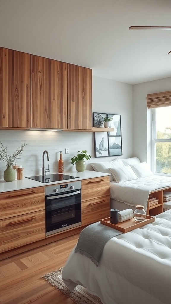 A modern kitchen featuring wooden cabinets, a sleek countertop, and a cozy atmosphere.
