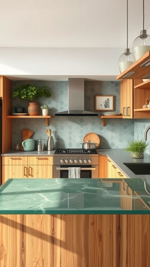A modern kitchen featuring a green countertop, wooden cabinets, and plants, showcasing sustainable materials.