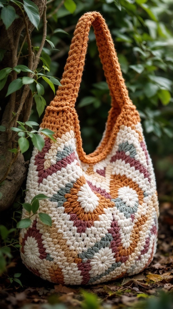 Crochet shoulder bag with colorful patterns, hanging among green leaves.