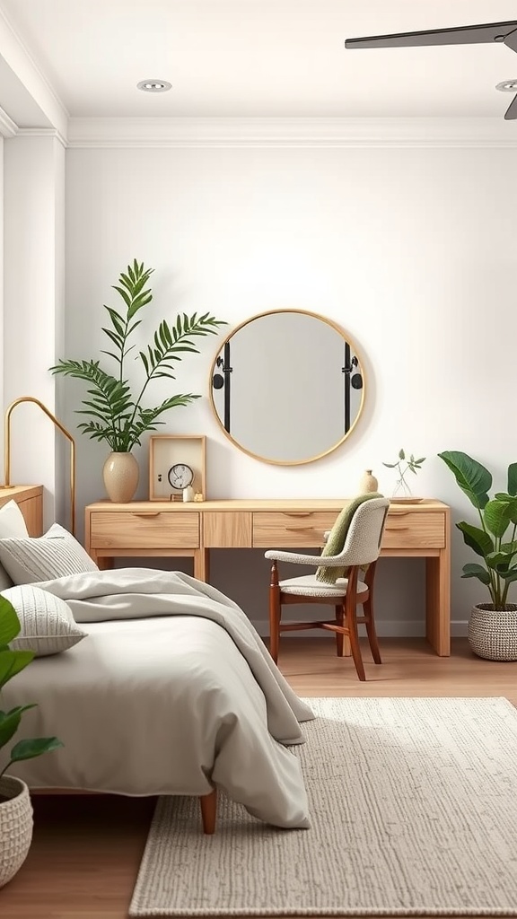 A stylish bedroom with a wooden vanity and desk combo, showcasing sustainable materials and decorative plants.