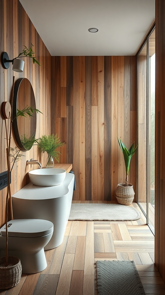 Modern rustic bathroom featuring wooden walls and natural light