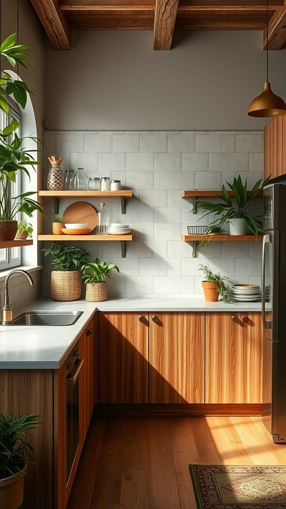 A modern kitchen featuring wooden cabinets, open shelves, plants, and a light countertop.