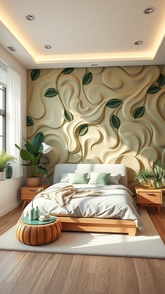 A cozy bedroom featuring a 3D wall panel with organic shapes and green leaves, complemented by wooden furniture and plants.