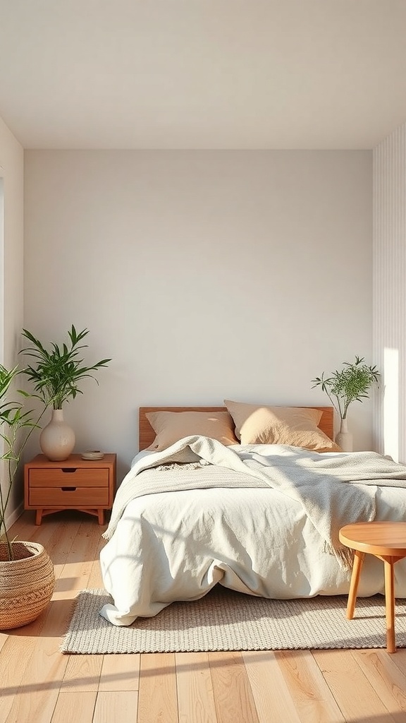 A minimalist kitchen featuring natural wood elements, plants, and soft textiles.