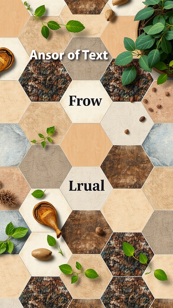 A hexagon tile bathroom floor showcasing sustainable materials with green leaves and natural elements.
