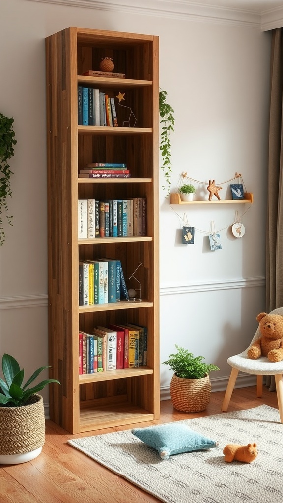 A wooden bookshelf filled with colorful children's books, surrounded by plants and a cozy reading area.