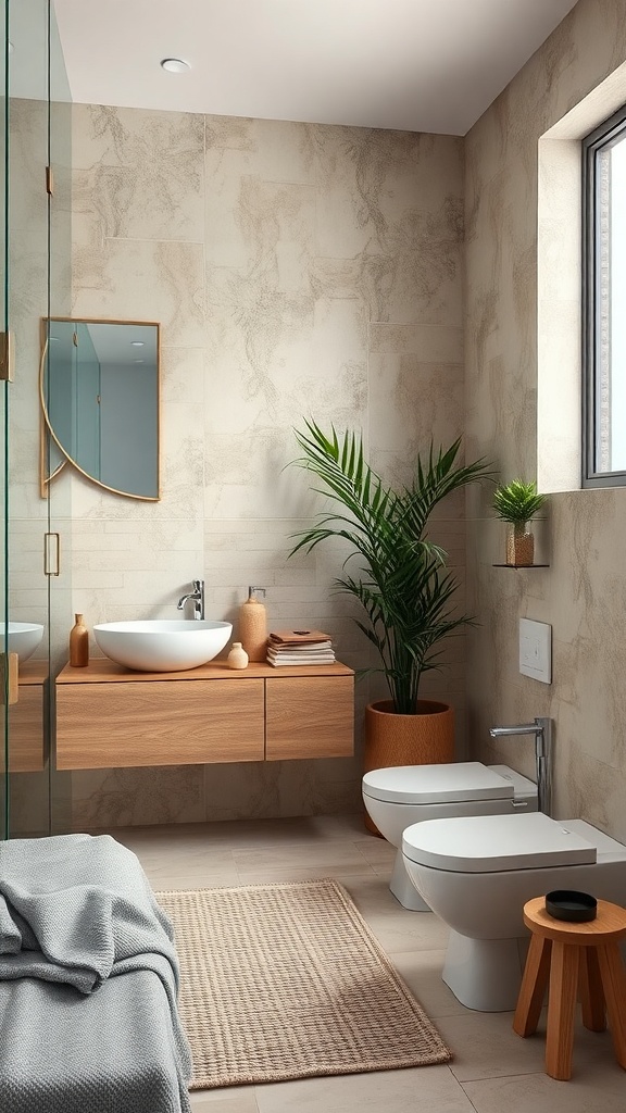 A modern bathroom featuring natural materials, including a wooden vanity, stone walls, and plants.