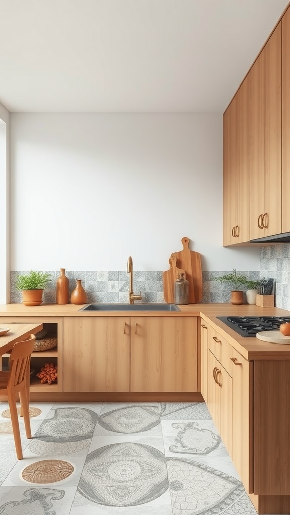 A modern Japandi kitchen featuring wooden cabinetry, patterned tile flooring, and plants.