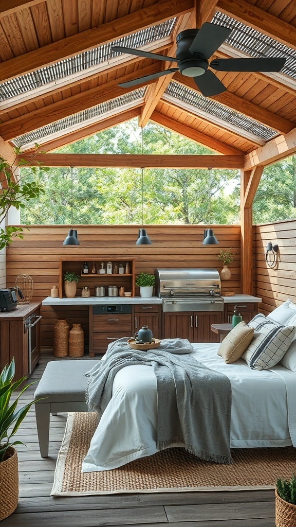 A sustainable outdoor kitchen featuring wooden structures, a grill, and plants.