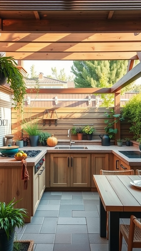 Sustainable outdoor kitchen with wooden cabinets, green plants, and a dining table.