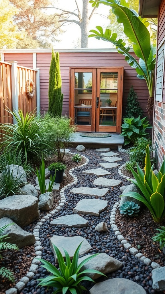 A serene backyard rain garden with a stone pathway surrounded by lush greenery and plants.