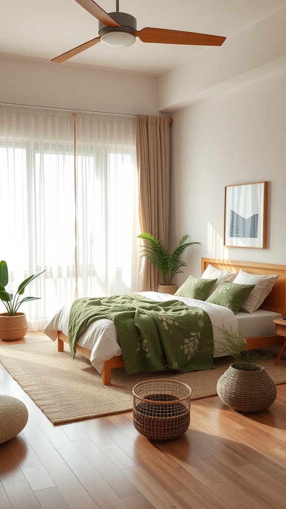A cozy bedroom featuring soft curtains, natural light, and eco-friendly decor elements.
