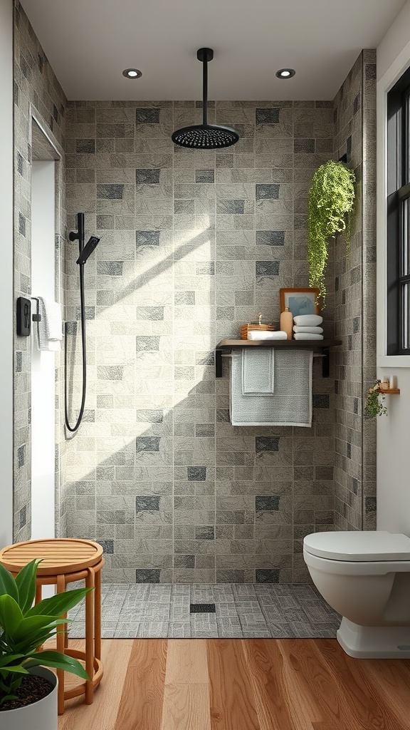 A modern shower with recycled tiles, featuring earthy tones, a showerhead, and a plant for a natural touch.