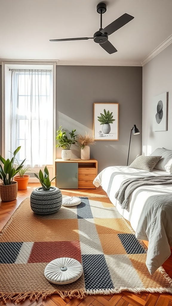 A bright and cozy bedroom with a colorful geometric rug, plants, and modern furniture.