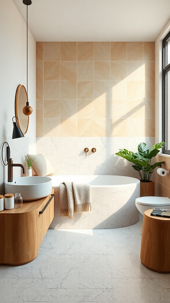 A modern bathroom featuring light-colored terrazzo tiles, a freestanding bathtub, and natural wood accents.